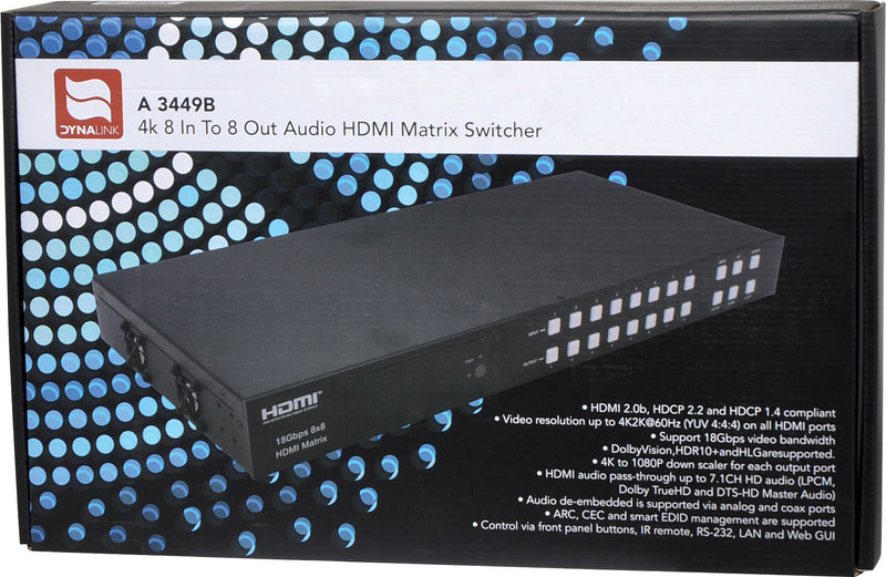 HDMI Switcher 4k 8 In To 8 Out Audio HDMI Matrix Switcher A3449B