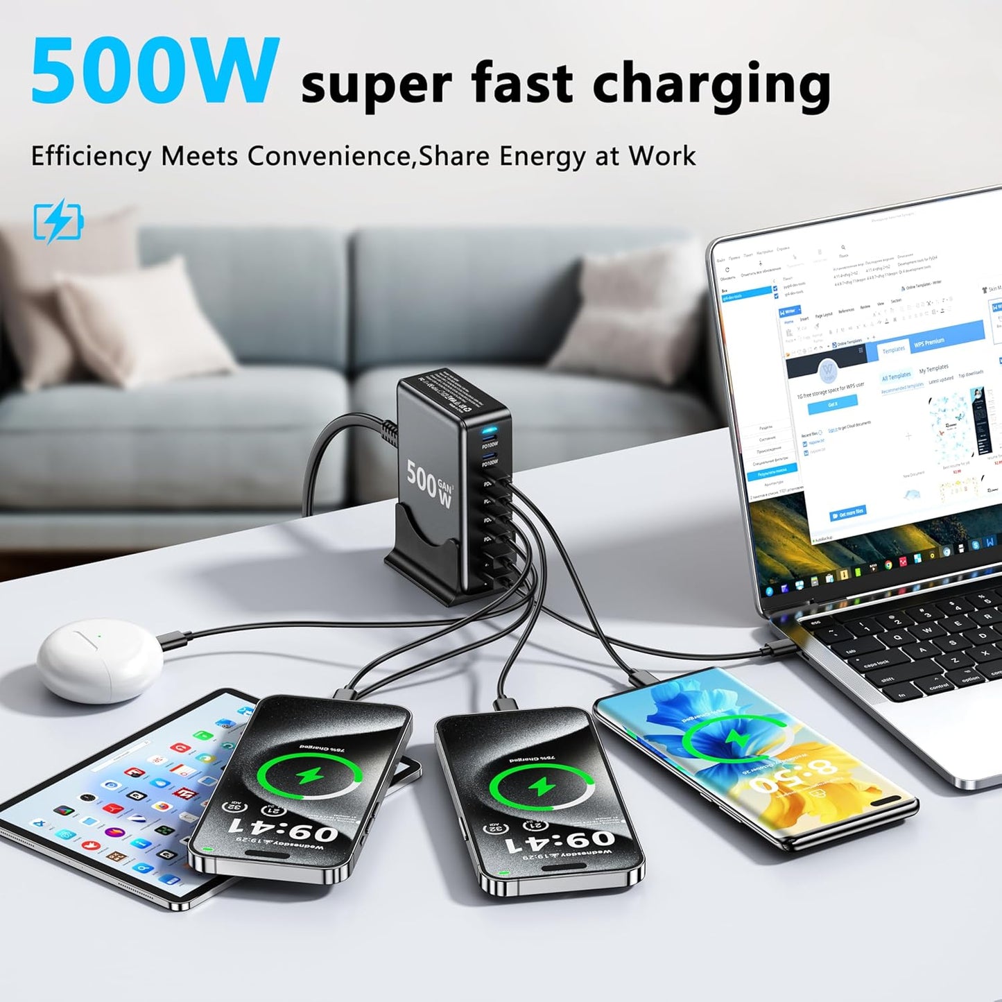 Mains Power 500w 8 Way Charging Station 6C/2A GAN Fast Charging A90WH
