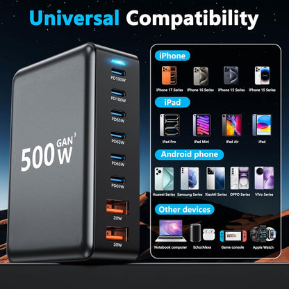 Mains Power 500w 8 Way Charging Station 6C/2A GAN Fast Charging A90WH