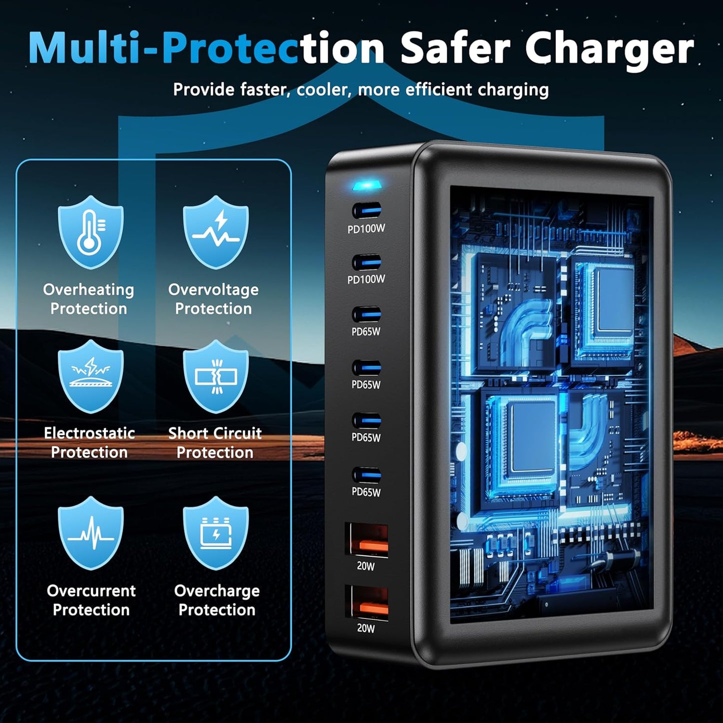 Mains Power 500w 8 Way Charging Station 6C/2A GAN Fast Charging A90WH