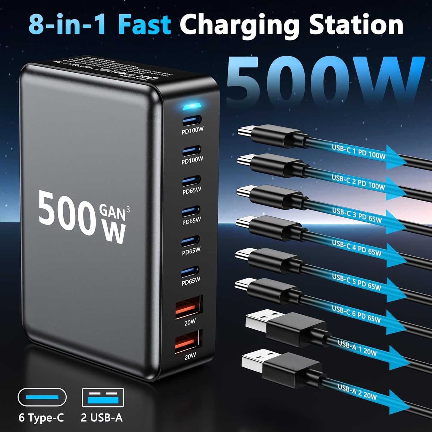Mains Power 500w 8 Way Charging Station 6C/2A GAN Fast Charging A90WH