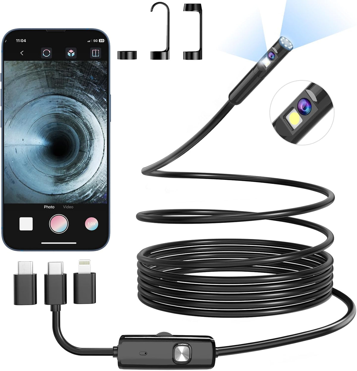 Inspection Camera USB Dual Lens 3Mp Ip67 9 Adj LED, Ios/android 3.5/5m Cable AGH035
