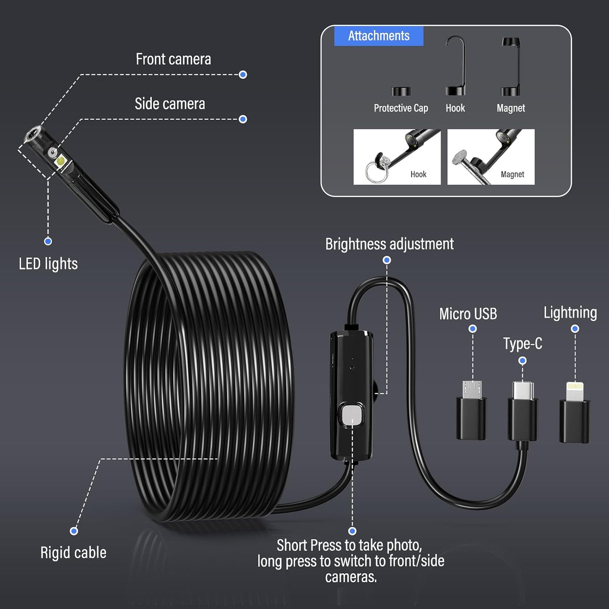 Inspection Camera USB Dual Lens 3Mp Ip67 9 Adj LED, Ios/android 3.5/5m Cable AGH035