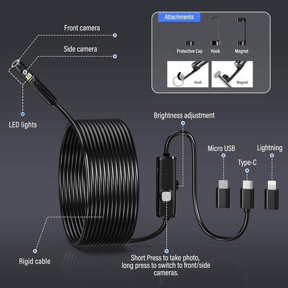 Inspection Camera USB Dual Lens 3Mp Ip67 9 Adj LED, Ios/android 3.5/5m Cable AGH035