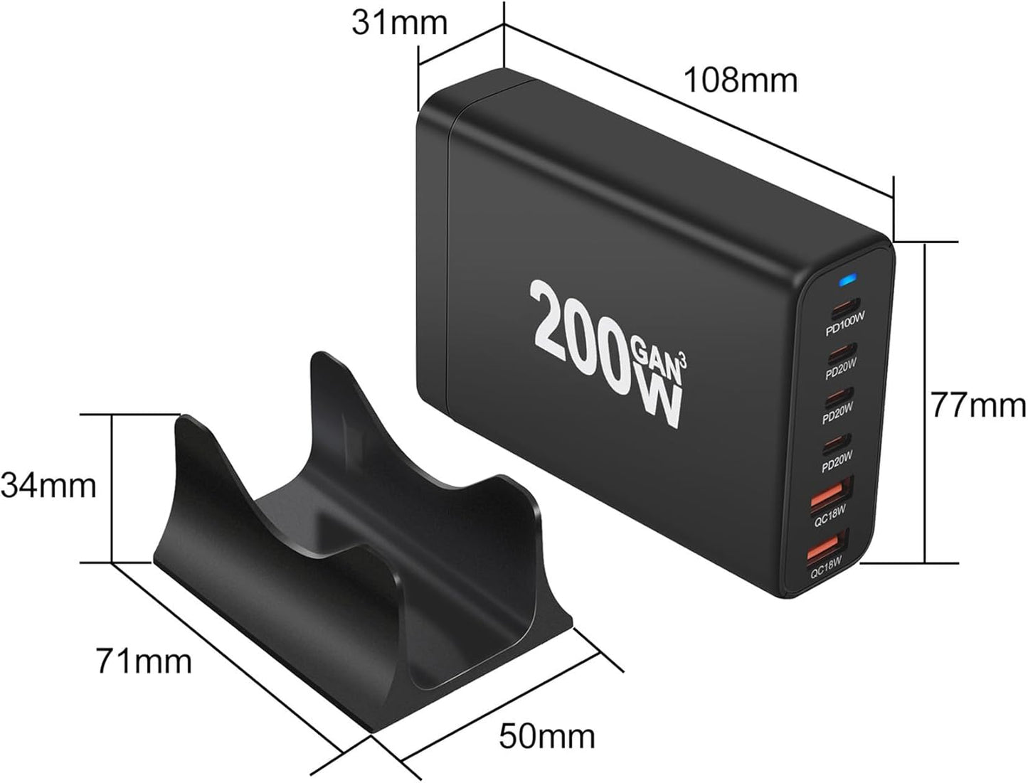 Mains Power Charging Station 200w 6 Port Usb 4C/2A Gan Fast Charging ARSK90W