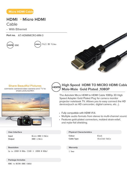 HDMI Cable Micro HDMI (d) To HDMI (a) 3m CBAT-HDMIMICRO-MM3