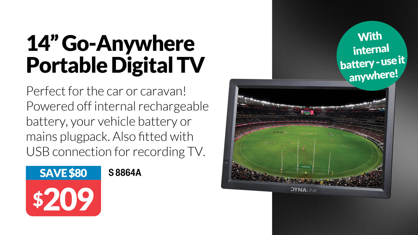 Dynalink 14" Portable Digital Television LED in-Built Lithium Battery S8864A