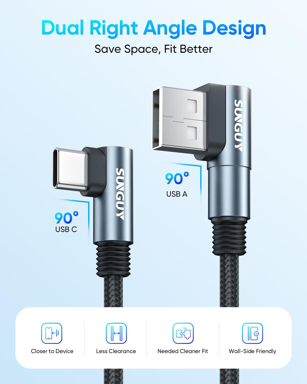 USB C Right Angle To USB A 90 Degree Charging Cable 50cm Black B047AC.5