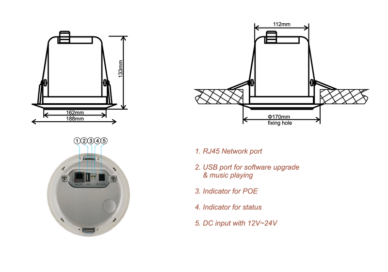 Ceiling Speaker Merlaud 165mm (6.5”) 16W IP Network Ceiling PA Speaker C2095