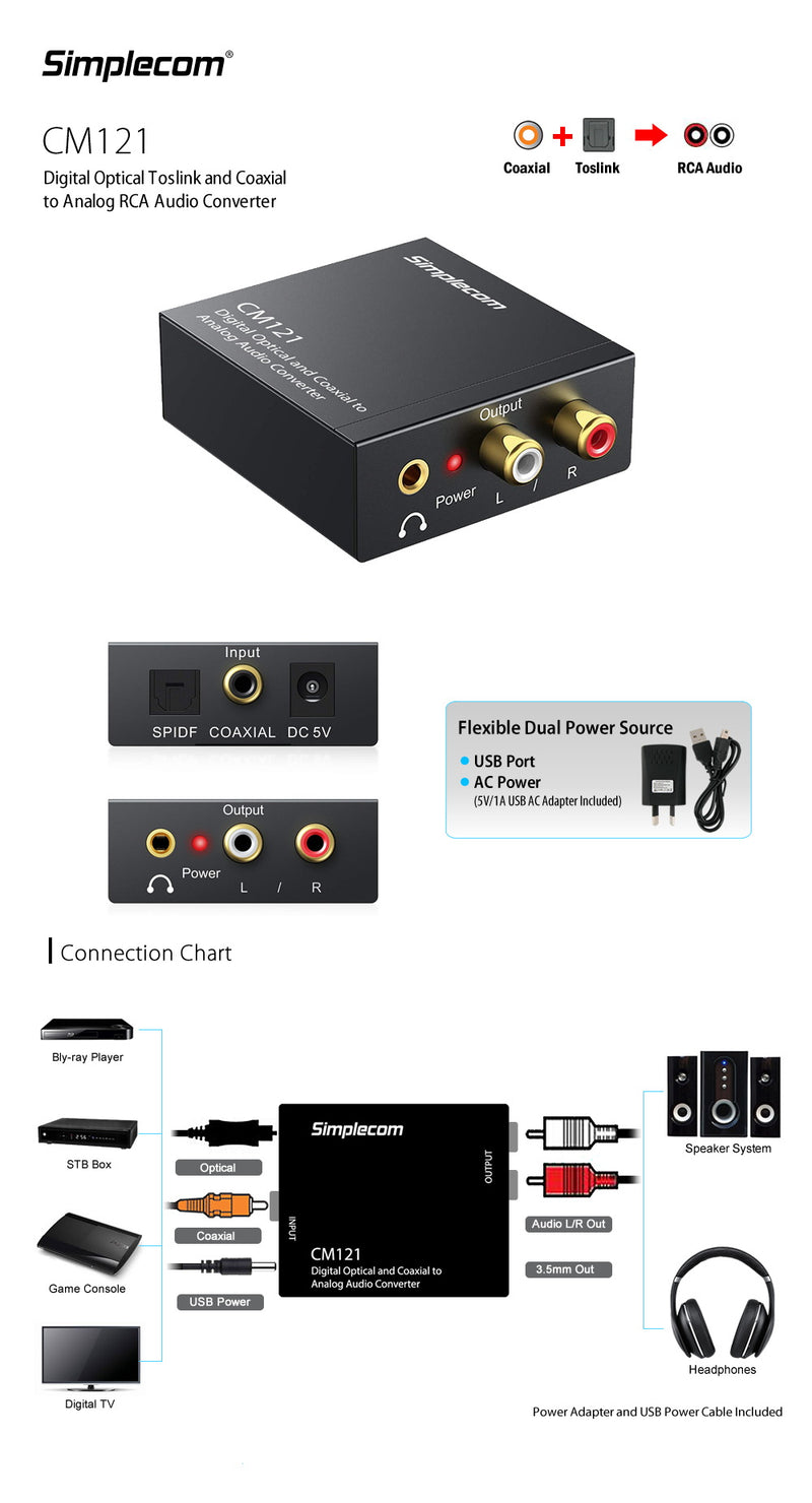 Simplecom CM121 Digital Optical and Coaxial to Analog RCA Audio Converter CBSI-CM121