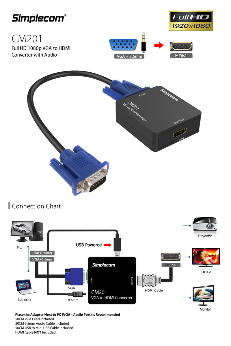 Simplecom Vga To Hdmi 1080p Converter With Audio CBSI-CM201