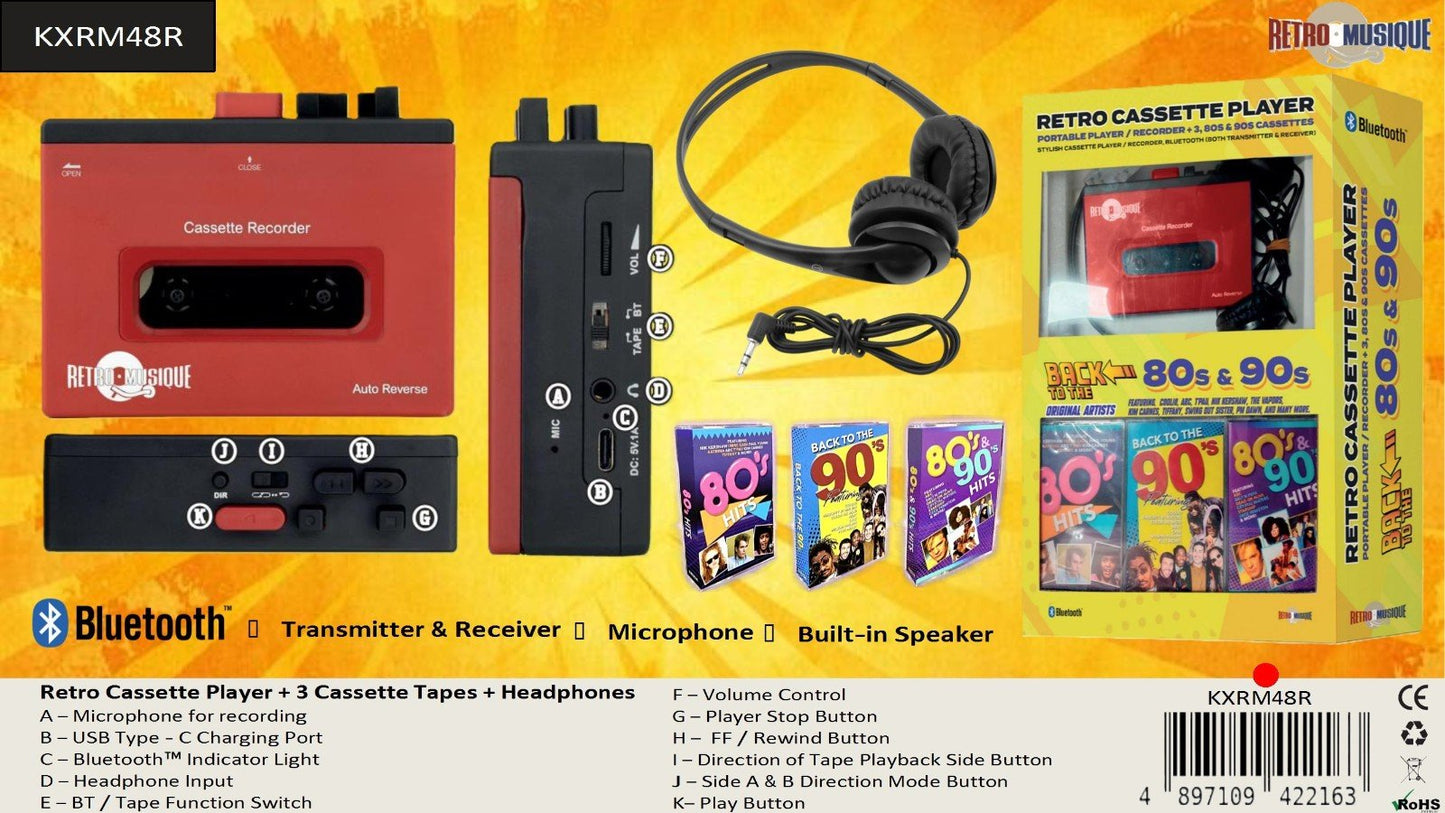 Retro Musique Cassette Player Headphones Inc 3 Cassettes Red KXRM48R