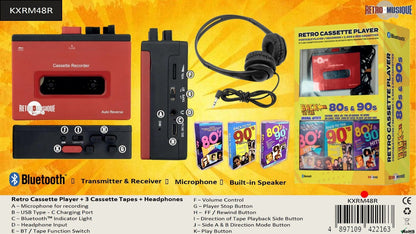 Retro Musique Cassette Player Headphones Inc 3 Cassettes Red KXRM48R