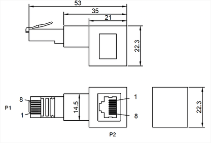 Modular RJ Connector RJ45 Cat6A Right Angle 90° Up Adaptor D5108