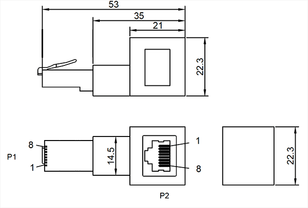 Modular RJ Connector RJ45 Cat6A Right Angle 90° Down Adaptor D5109