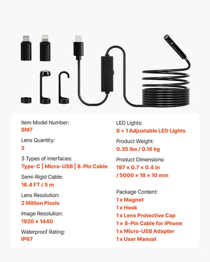 Inspection Camera USB Dual Lens 1920P Ip67 9 Adj LED, 5m Cable AB0F6CP46VD