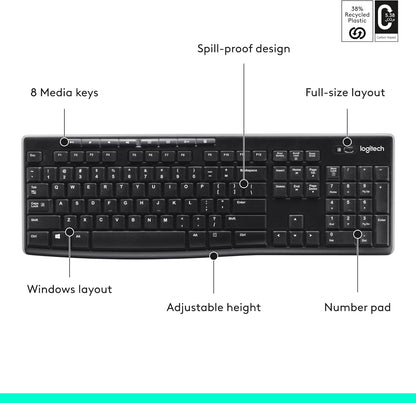 Logitech K270 2.4 GHz Wireless Full Size Keyboard KBLT-K270 1533521