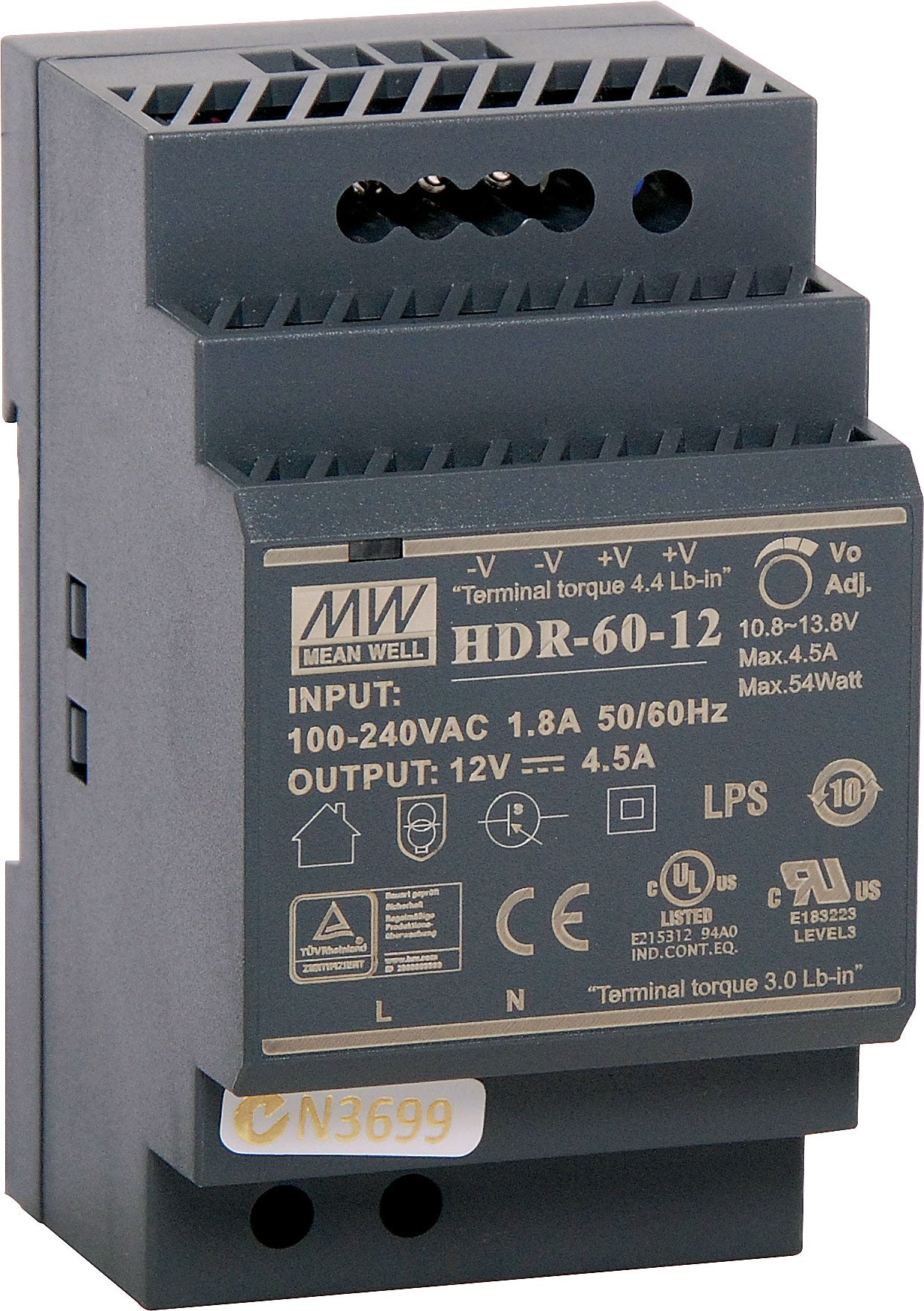 DIN Rail AC/DC SuppliesHDR-60-12 60W 12VDC 4.5A DIN Rail Switchmode Power Supply M8394