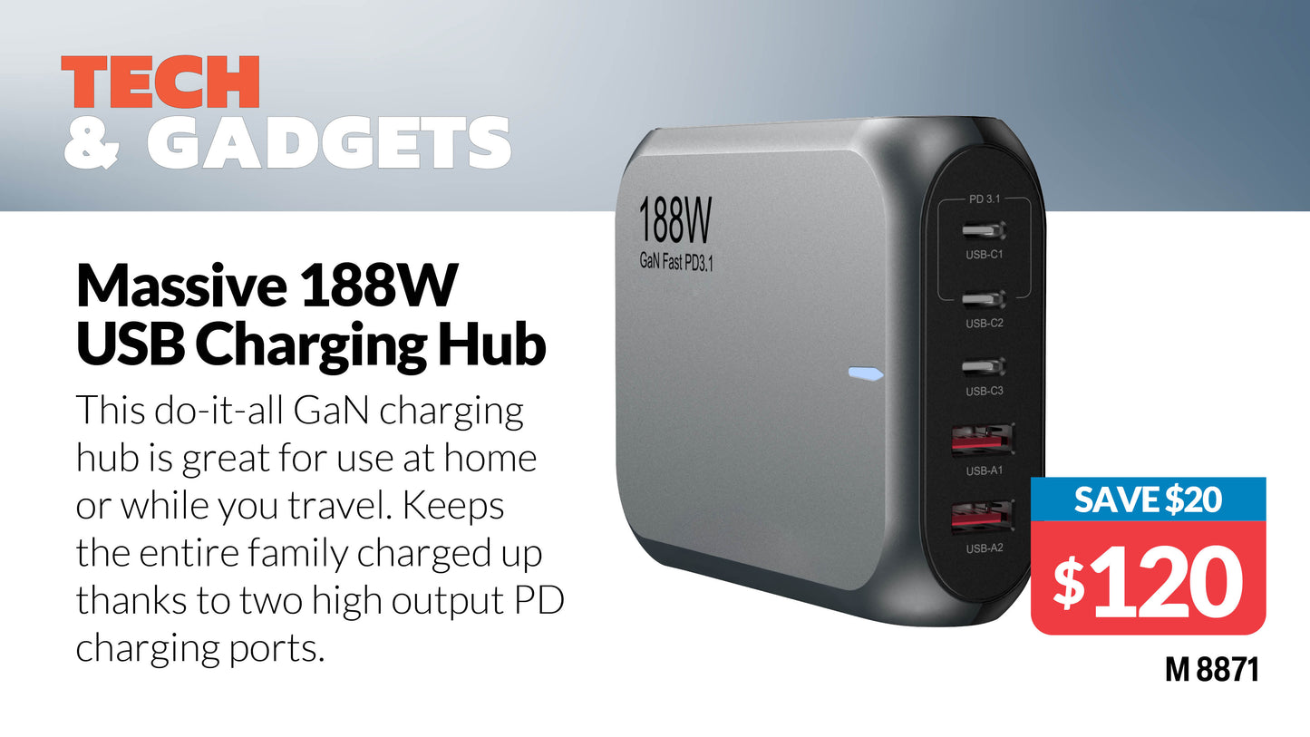 USB Charging 5 Port USB-C QC3.0 188W PD GaN Wall Charger M8871