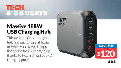 USB Charging 5 Port USB-C QC3.0 188W PD GaN Wall Charger M8871