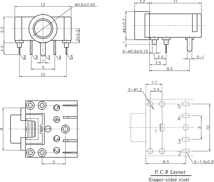 Stereo Socket3.5mm PCB Mount Insulated P0091