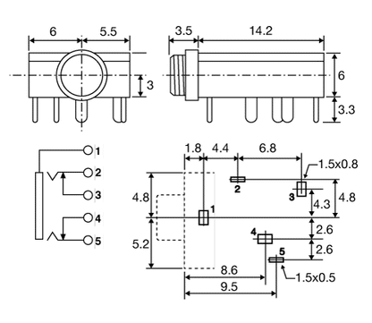 Jack Socket 3.5mm DPST PCB Mount Stereo P0092