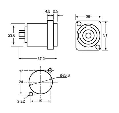 Powercon Chassis Plug 240V 20A NAC3MPB-1 P0774