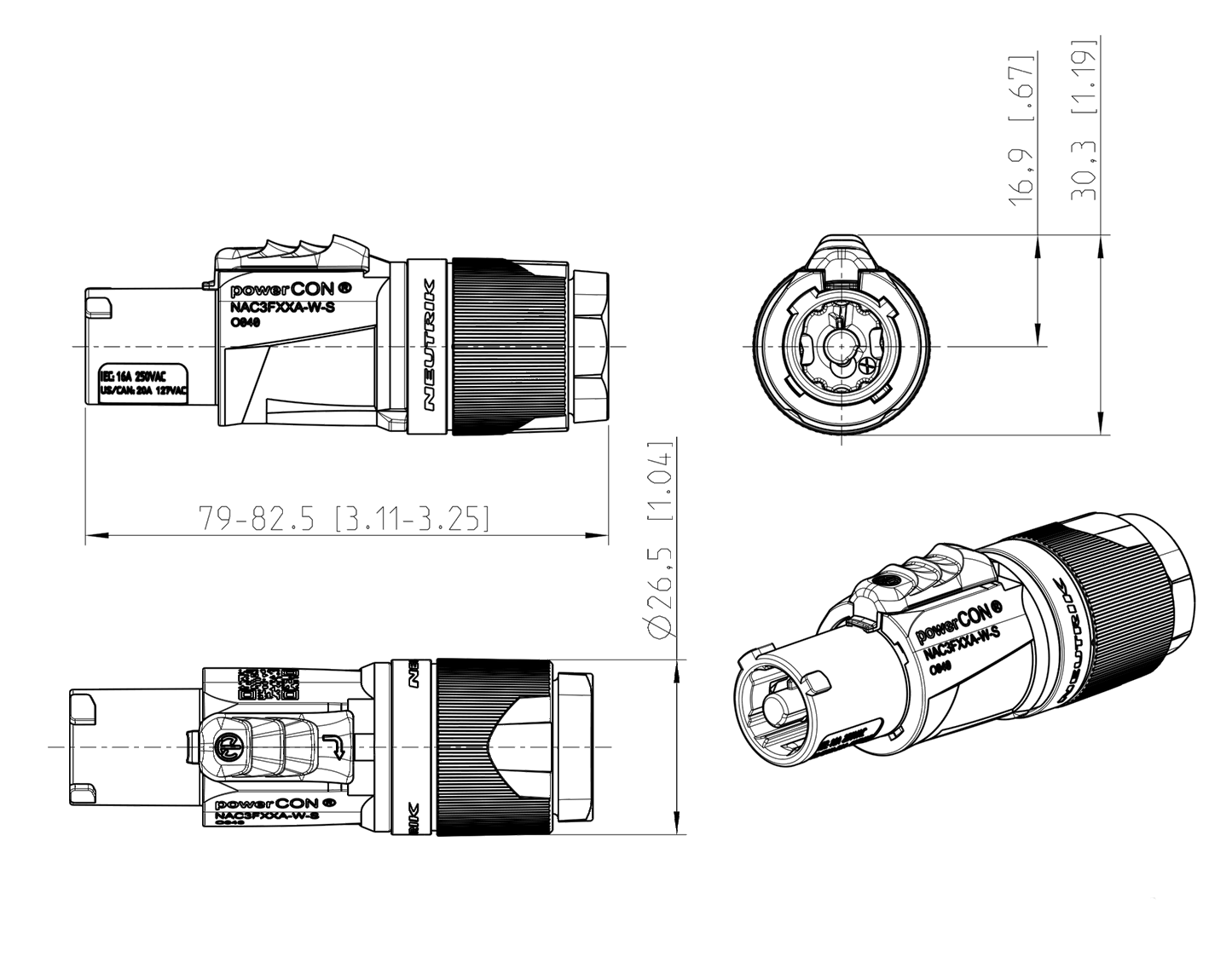 Powercon Line Socket 240V Mains 20A NAC3FXXA-W-S P0773A