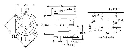 XLR PCB Mount Compact 3 Pin Female 90° P0875