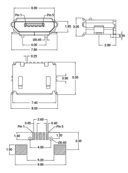 USB & SD Micro Type B 90 Deg. Horizontal SMD Mount USB 2.0 P1309