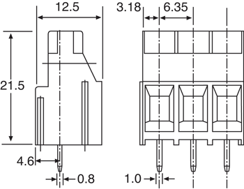 Screw Terminals 3 Way 6.35mm PCB Mount Terminal Block P2037A