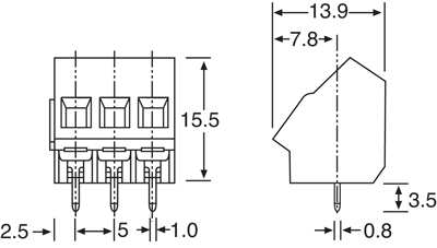 Screw Terminals 3 Way 5mm 45 Deg. PCB Mount Terminal Block P2045A