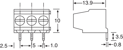 Screw Terminals 3 Way 5mm 90 Deg. PCB Mount Terminal Block P2065A