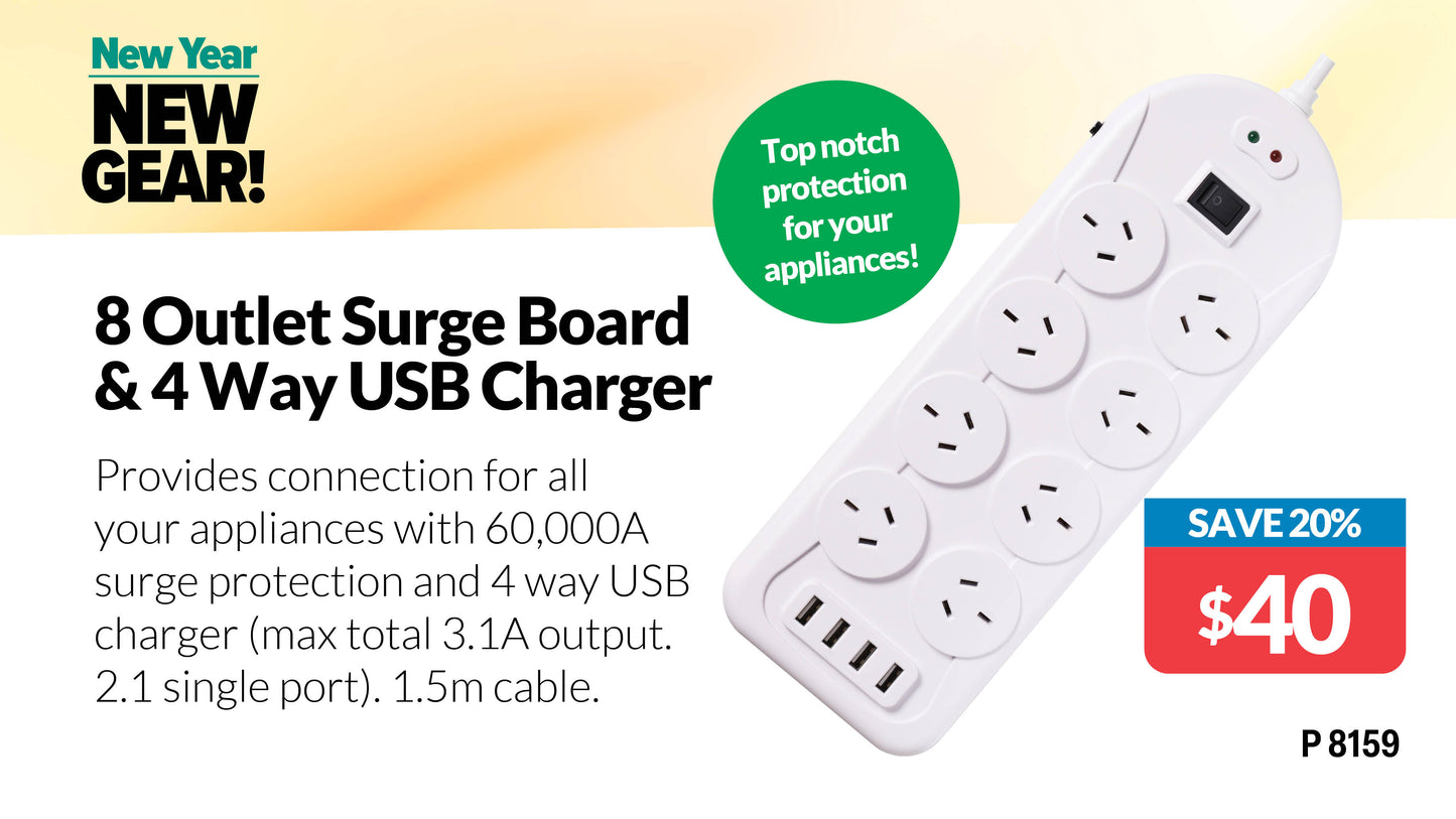 Power Boards & Filters 8 Way Mains Power Board With 4 USB Ports P8159