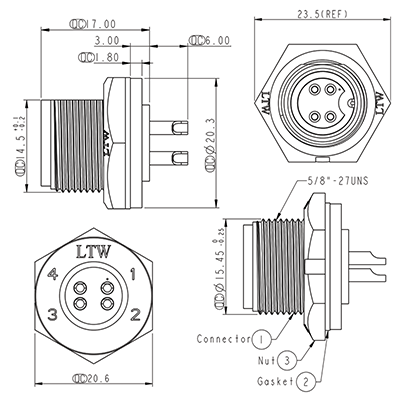 Circular Connectors 4 Pin 5A Screw-On Female Chassis IP67 Waterproof Socket P9444