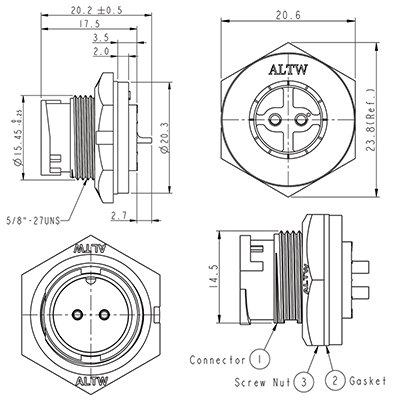 Circular Connector 2 Pin 5A Locking Male Chassis IP67 Waterproof Plug P9462A