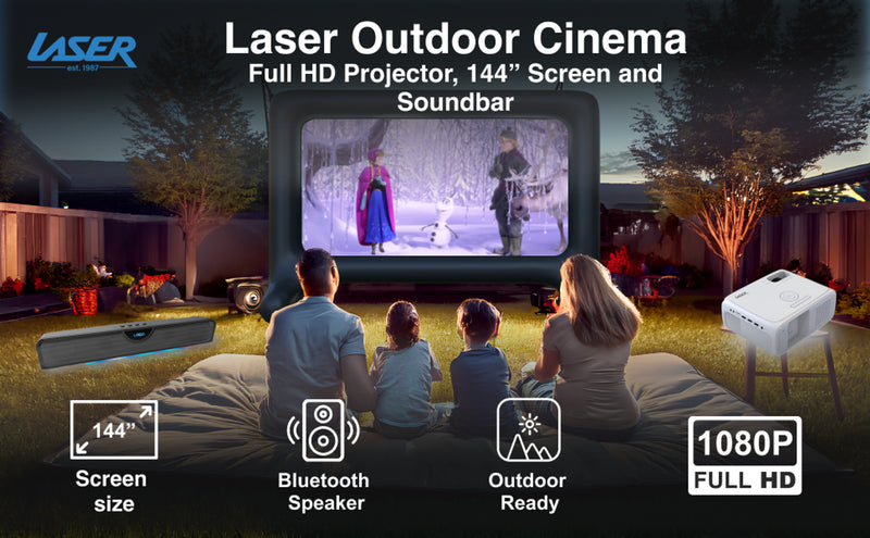 LASER Outdoor Cinema: Full HD Projector, 144" Screen & Soundbar PJT-BYCBL-040