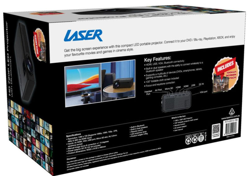 LASER 720P LED Projector With 100" Screen & Bluetooth PJT-LED72-708