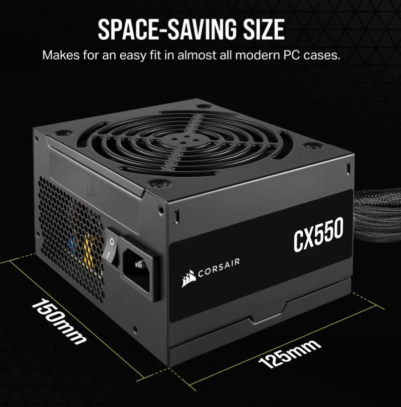 Corsair 550W CX Series, 80 PLUS Bronze Certified, Up to 88% Efficiency,  Compact 125mm design easy fit and airflow, ATX PSU 2023 PSCP-CX550-2