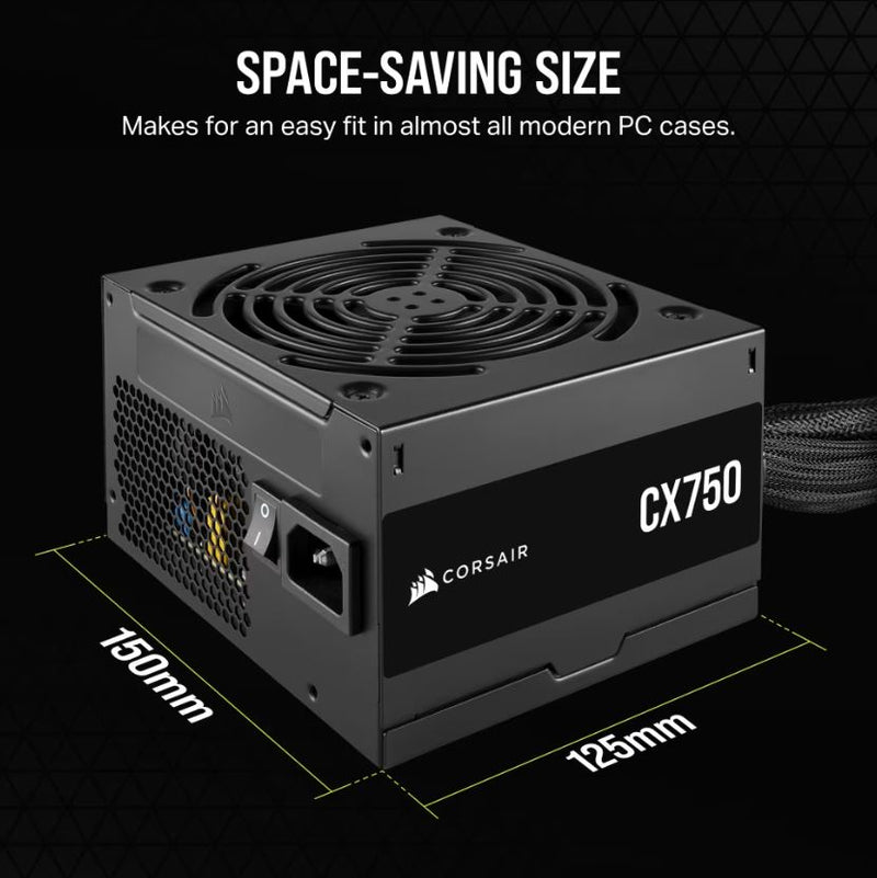 Corsair 750W CX Series, 80 PLUS Bronze Certified, Up to 88% Efficiency,  Compact 125mm design easy fit and airflow, ATX PSU 2024 PSCP-CX750-2