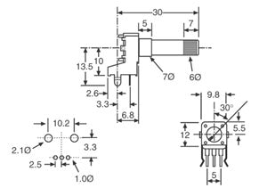 Pot 10k Lin 18T Spline 9mm Single Horizontal PCB R1906