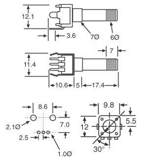 Pot 10k Lin 18T Spline 9mm Single Vertical PCB R1946