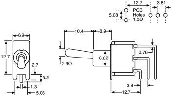 Toggle Switch SPDT 90 Deg. PCB Mount Mini S1320