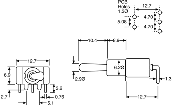 Toggle Switch SPDT Horizontal Action PCB Mount Mini S1325