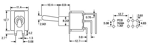 Toggle Switch DPDT Centre Off Mom. And Lock R/Angle PCB Mini S1371