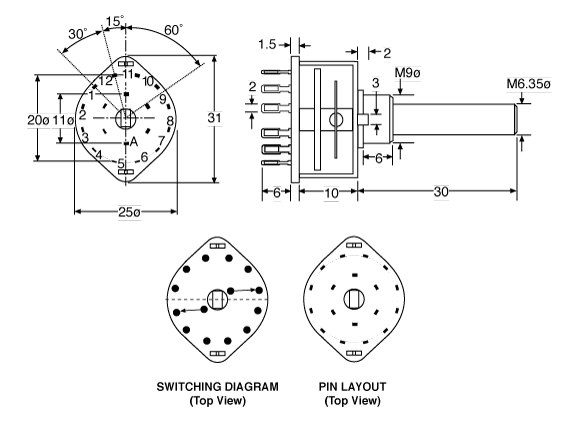Rotary Switch 2 Pole 6 Position Wafer S3036