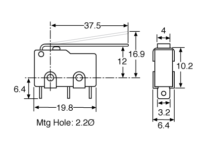 Push Button Switch 37mm Lever SPDT Momentary Solder Tail Microswitch S3265