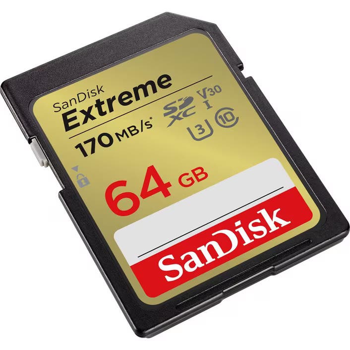 SanDisk Extreme SDXC 64GB 170MB/S R, 80MB/S W, V30, U3, C10 Memory Card. SDSDXV2064GGNCIN