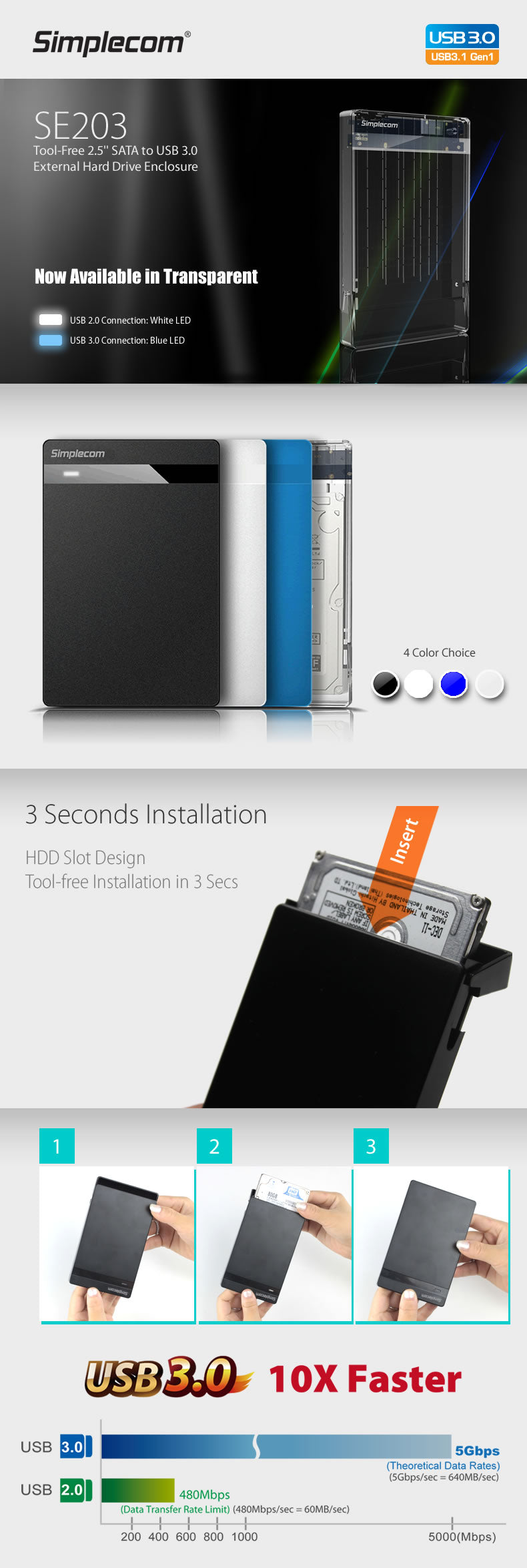 Simplecom SE203 Tool Free 2.5" SATA HDD SSD to USB 3.0 Hard Drive Enclosure - Black HXSI-SE203-BLK