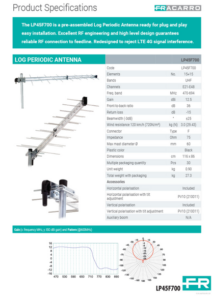 Fracarro Log Periodic UHF TV Antenna 12DBI LP45F700